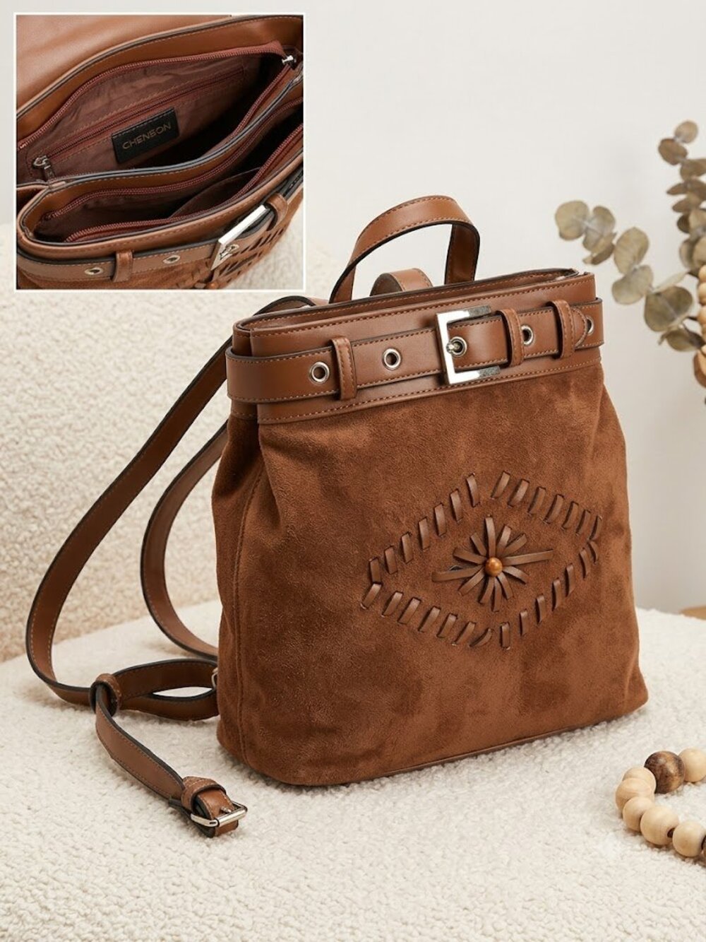 Chenson Brown Suede & Leather Boho Backpack Shoulder Bag - Very good Condition
